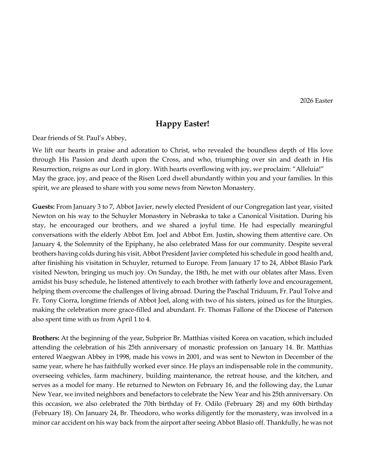 Easter Newsletter 2026, first page